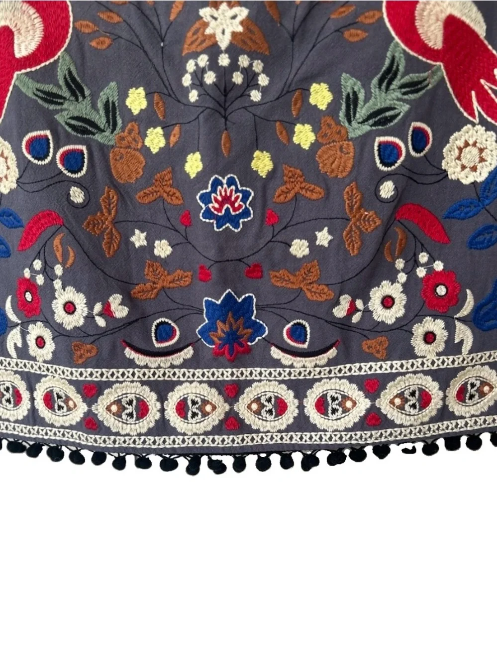 Umgee Embroidered Parrot Mini Skirt Gray Boho Pom Pom Hem M